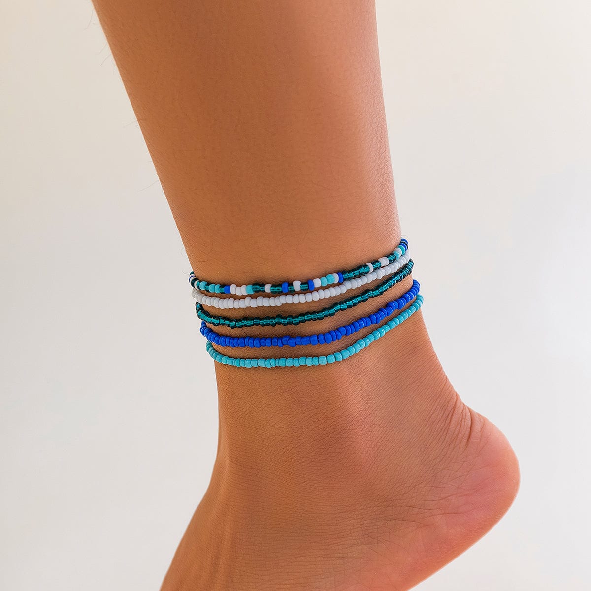 Boho Layered Ocean Style Crystal Beaded Stackable Anklet Set