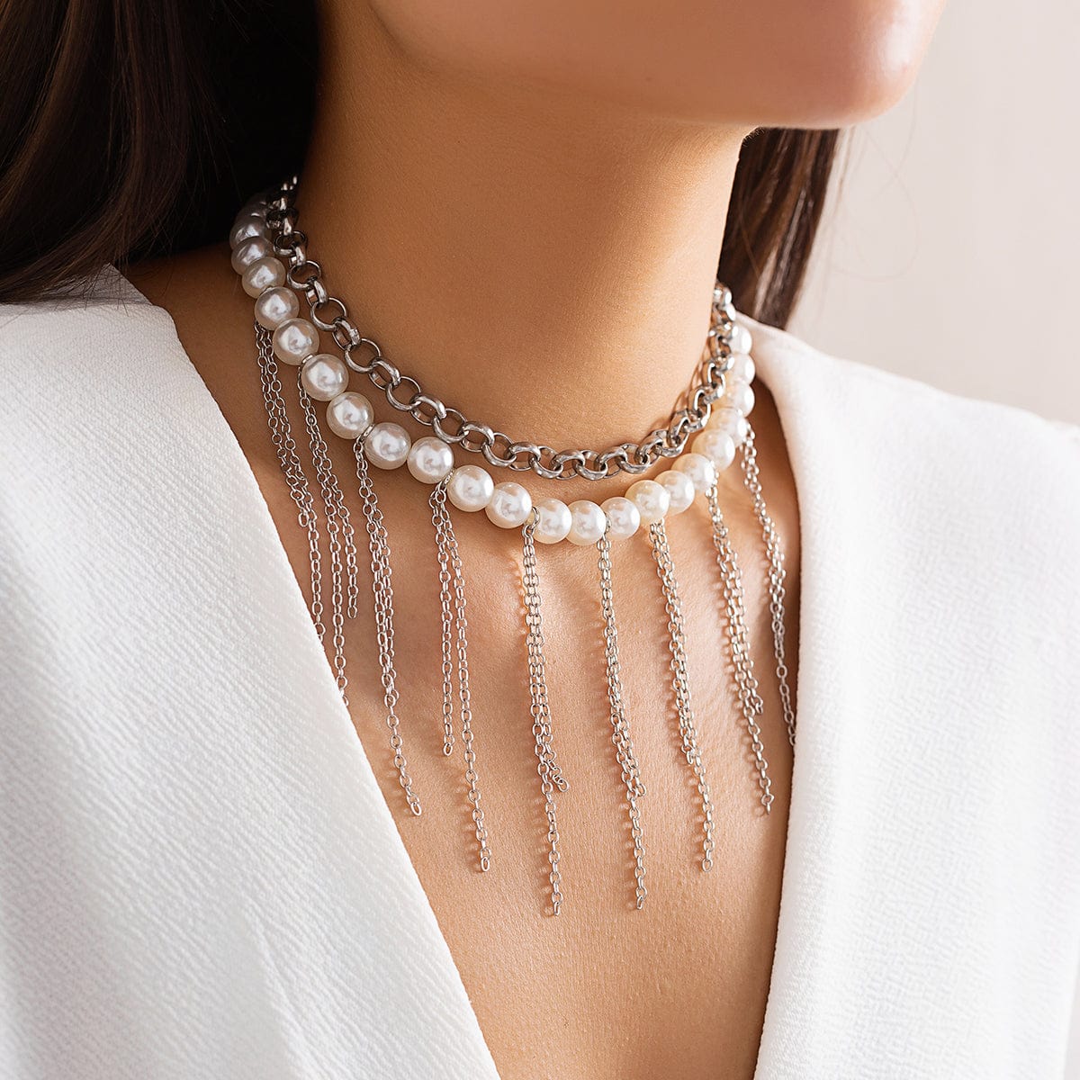 Boho Layered Pearl Chain Tassel Choker Necklace Set - ArtGalleryZen