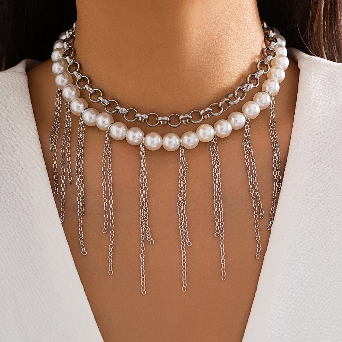 Boho Layered Pearl Chain Tassel Choker Necklace Set - ArtGalleryZen