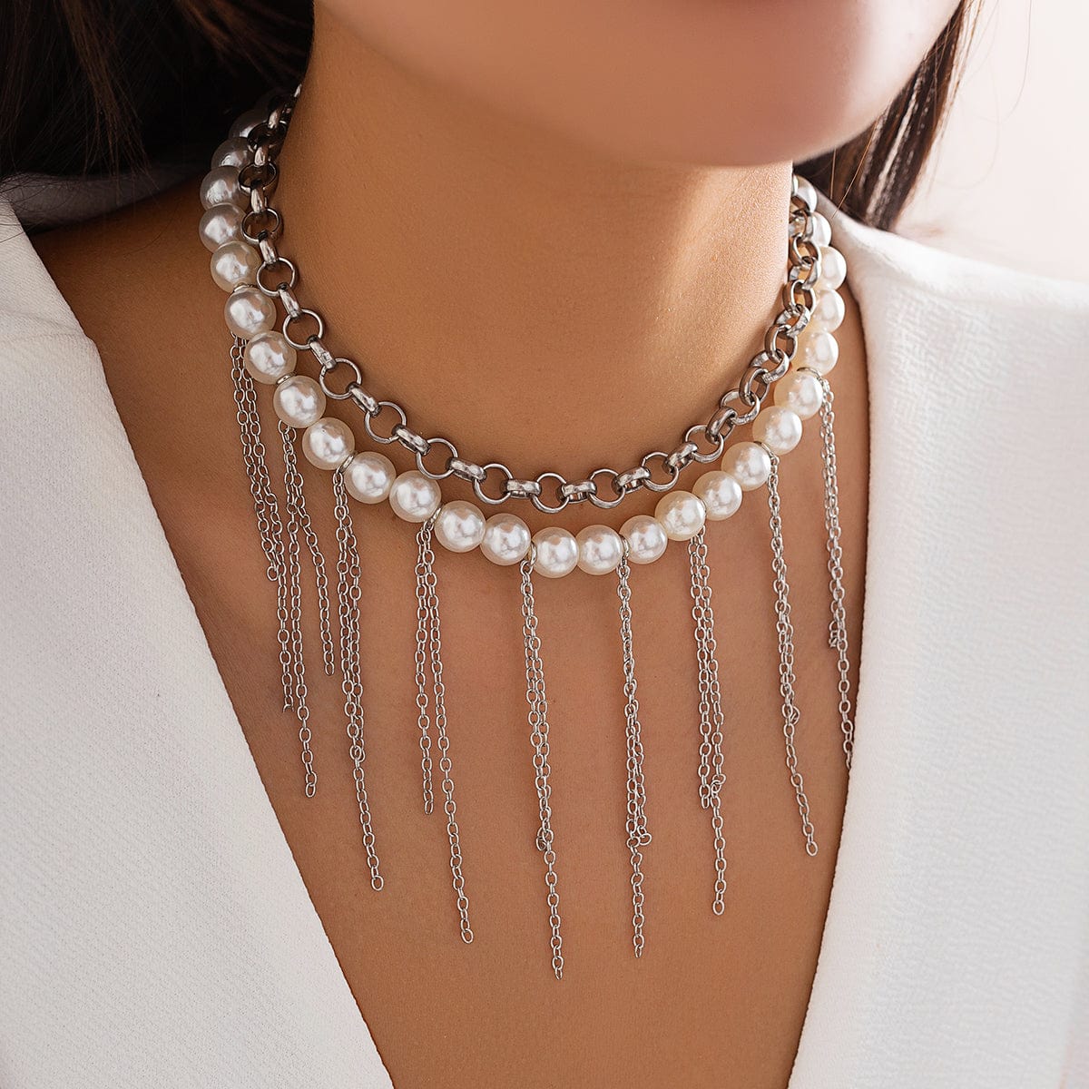 Boho Layered Pearl Chain Tassel Choker Necklace Set - ArtGalleryZen