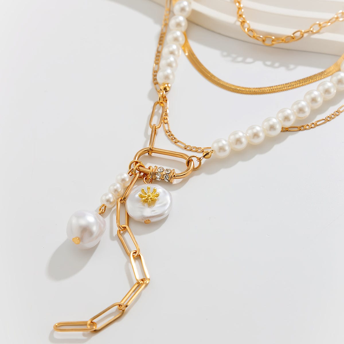 Boho Layered Pearl Tassel Herringbone Cable Chain Y Necklace - ArtGalleryZen