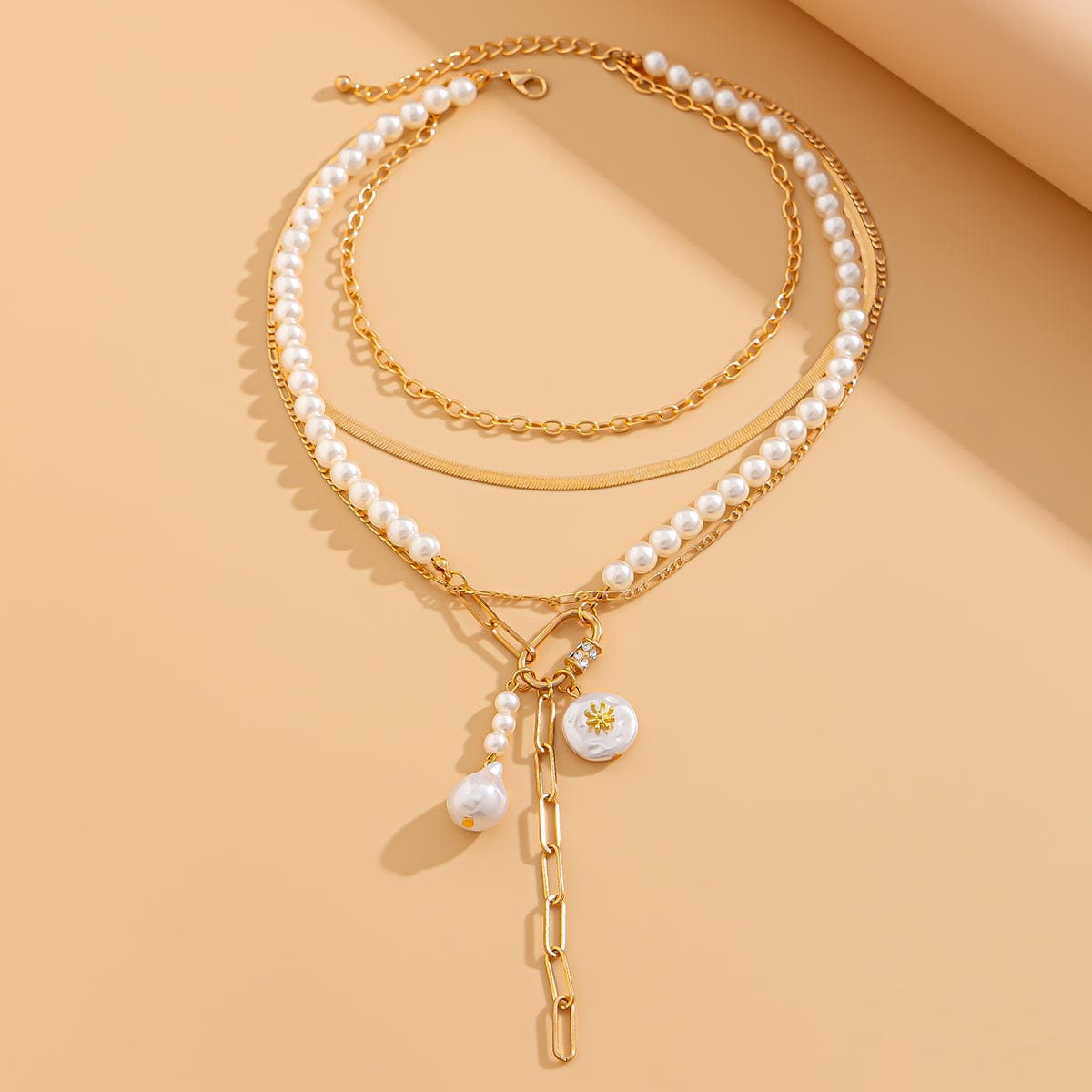 Boho Layered Pearl Tassel Herringbone Cable Chain Y Necklace - ArtGalleryZen