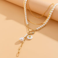 Thumbnail for Boho Layered Pearl Tassel Herringbone Cable Chain Y Necklace