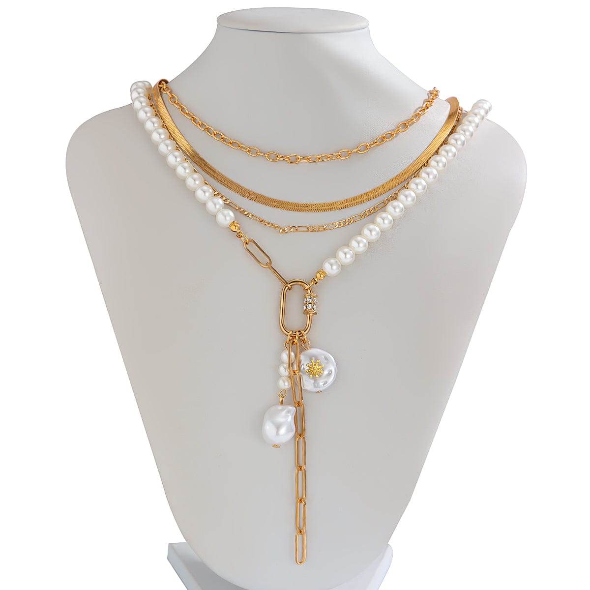 Boho Layered Pearl Tassel Herringbone Cable Chain Y Necklace