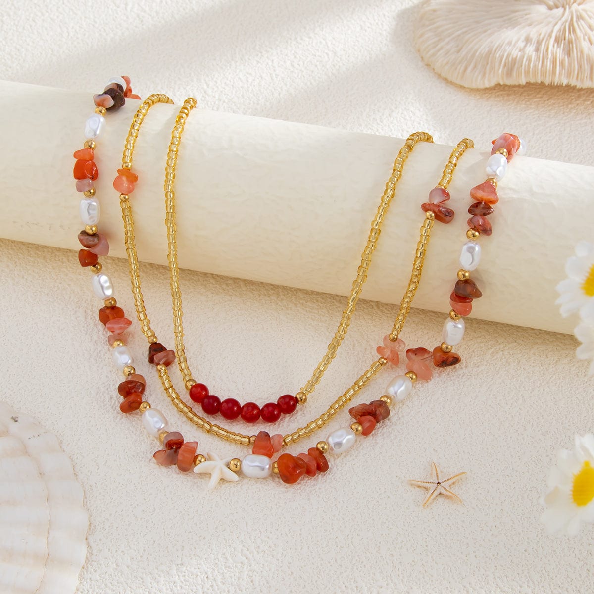 Boho Layered Pearl Turquoise Stone Seed Beaded Necklace Set - ArtGalleryZen