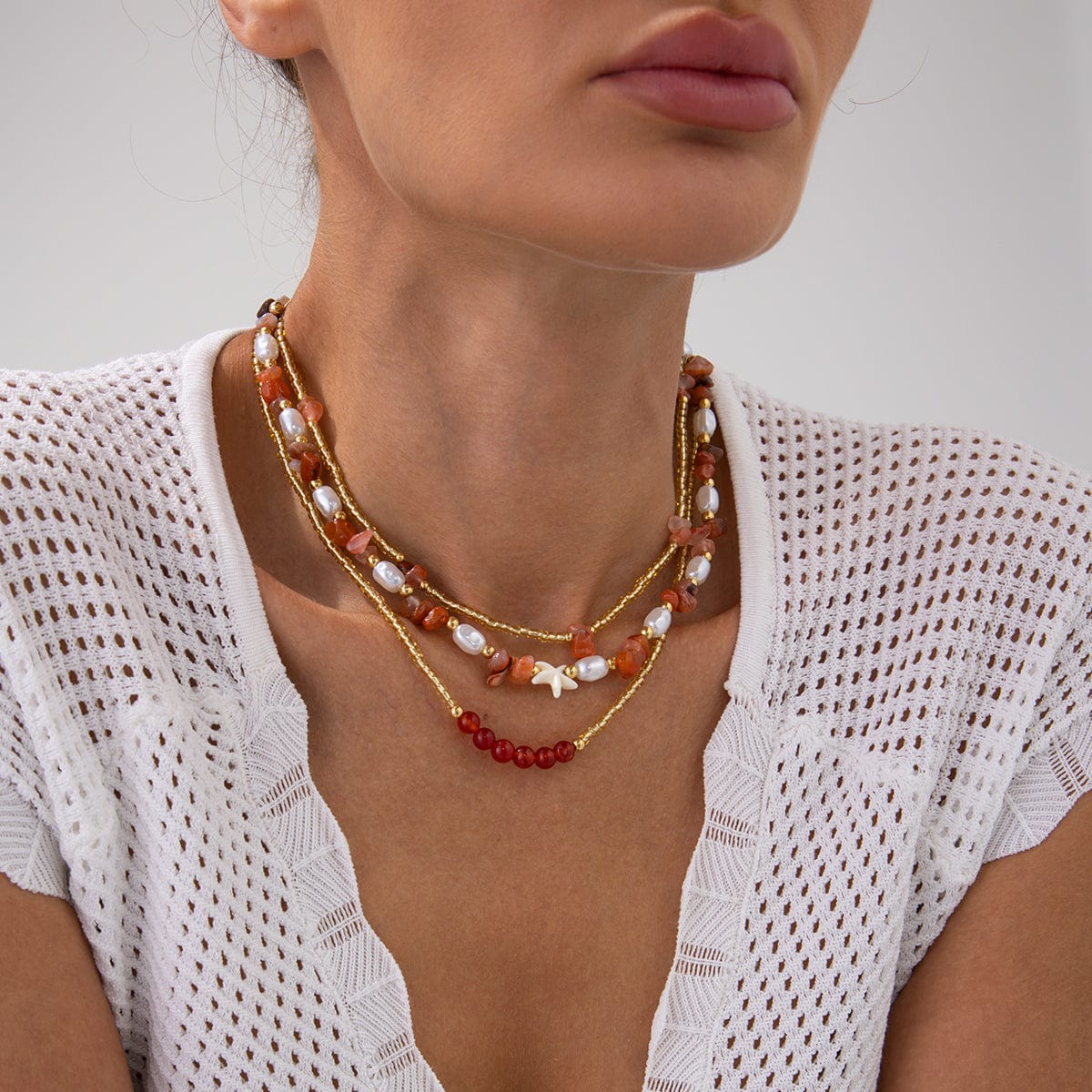 Boho Layered Pearl Turquoise Stone Seed Beaded Necklace Set - ArtGalleryZen