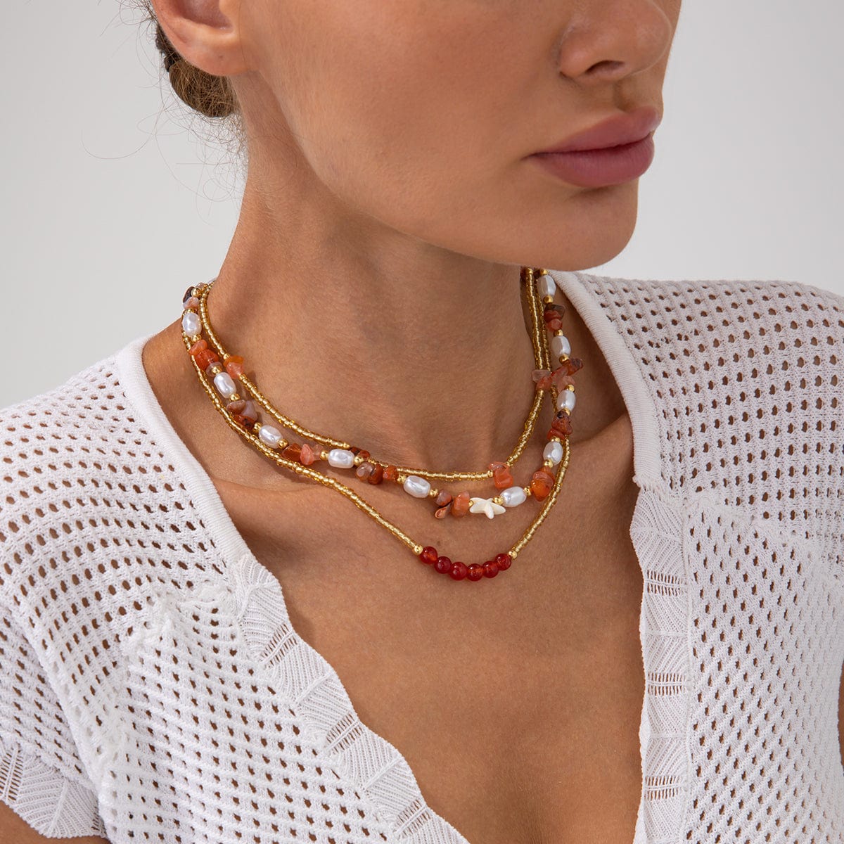 Boho Layered Pearl Turquoise Stone Seed Beaded Necklace Set - ArtGalleryZen