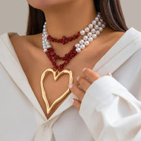 Thumbnail for Boho Layered Red Turquoise Pearl Chain Heart Pendant Choker Necklace - ArtGalleryZen