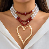 Thumbnail for Boho Layered Red Turquoise Pearl Chain Heart Pendant Choker Necklace - ArtGalleryZen