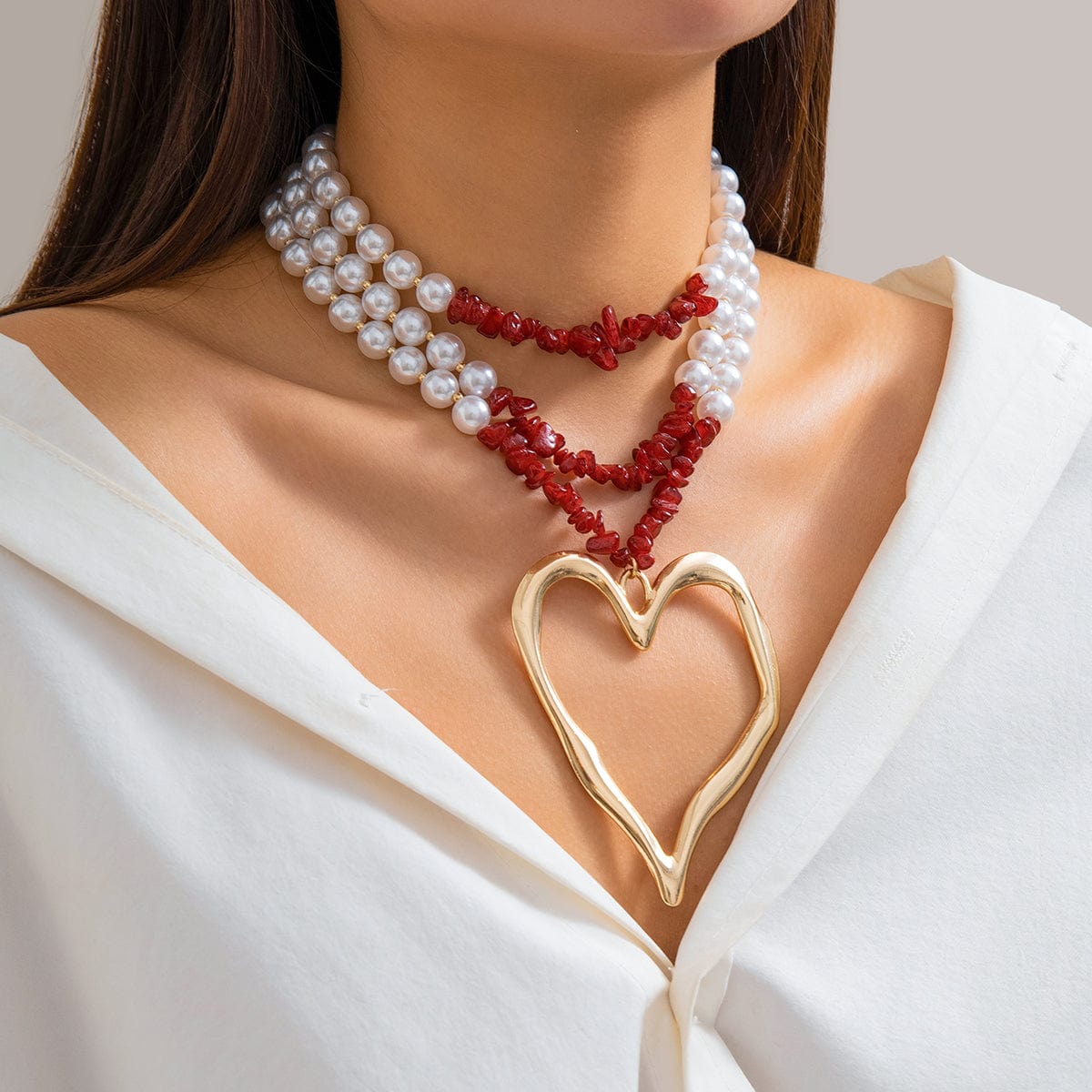 Boho Layered Red Turquoise Pearl Chain Heart Pendant Choker Necklace - ArtGalleryZen