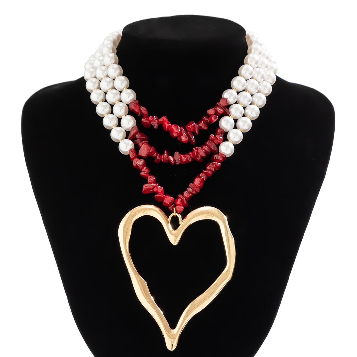 Boho Layered Red Turquoise Pearl Chain Heart Pendant Choker Necklace - ArtGalleryZen