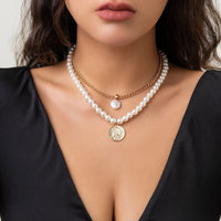 Thumbnail for Boho Layered Round Disk Pearl Pendant Pearl Chain Choker Necklace Set - ArtGalleryZen