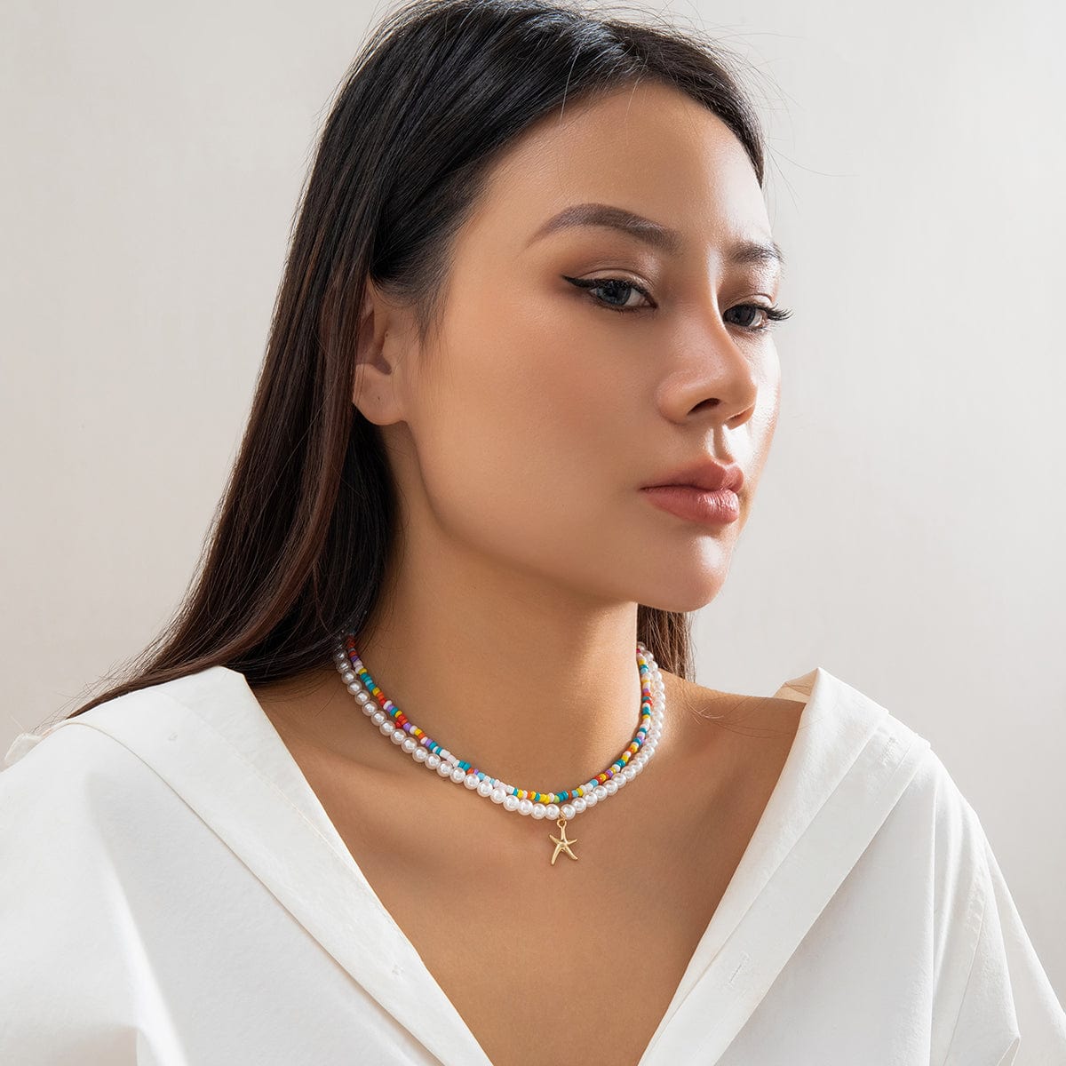 Boho Layered Seed Bead Starfish Pendant Pearl Chain Necklace Set - ArtGalleryZen