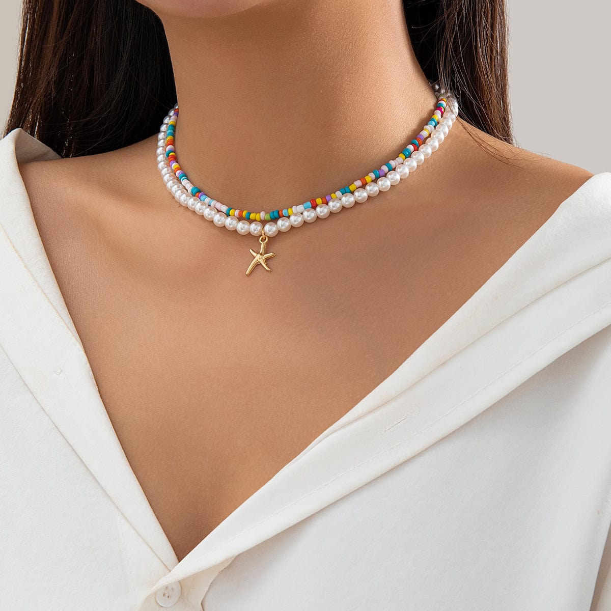 Boho Layered Seed Bead Starfish Pendant Pearl Chain Necklace Set - ArtGalleryZen