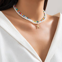 Thumbnail for Boho Layered Seed Bead Starfish Pendant Pearl Chain Necklace Set - ArtGalleryZen