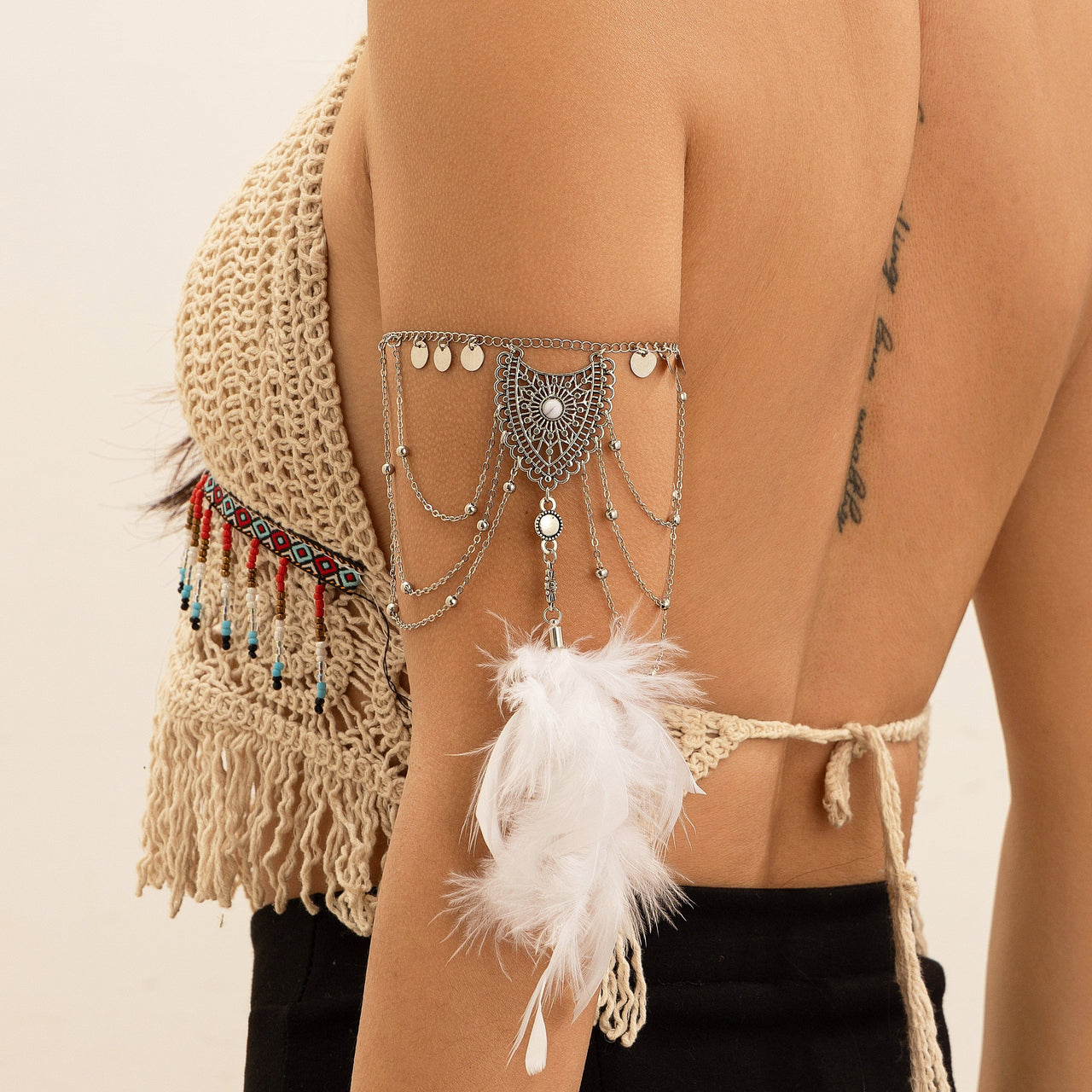 Boho Layered Sequin Tassel Carved Pattern Feather Pendant Arm Chain