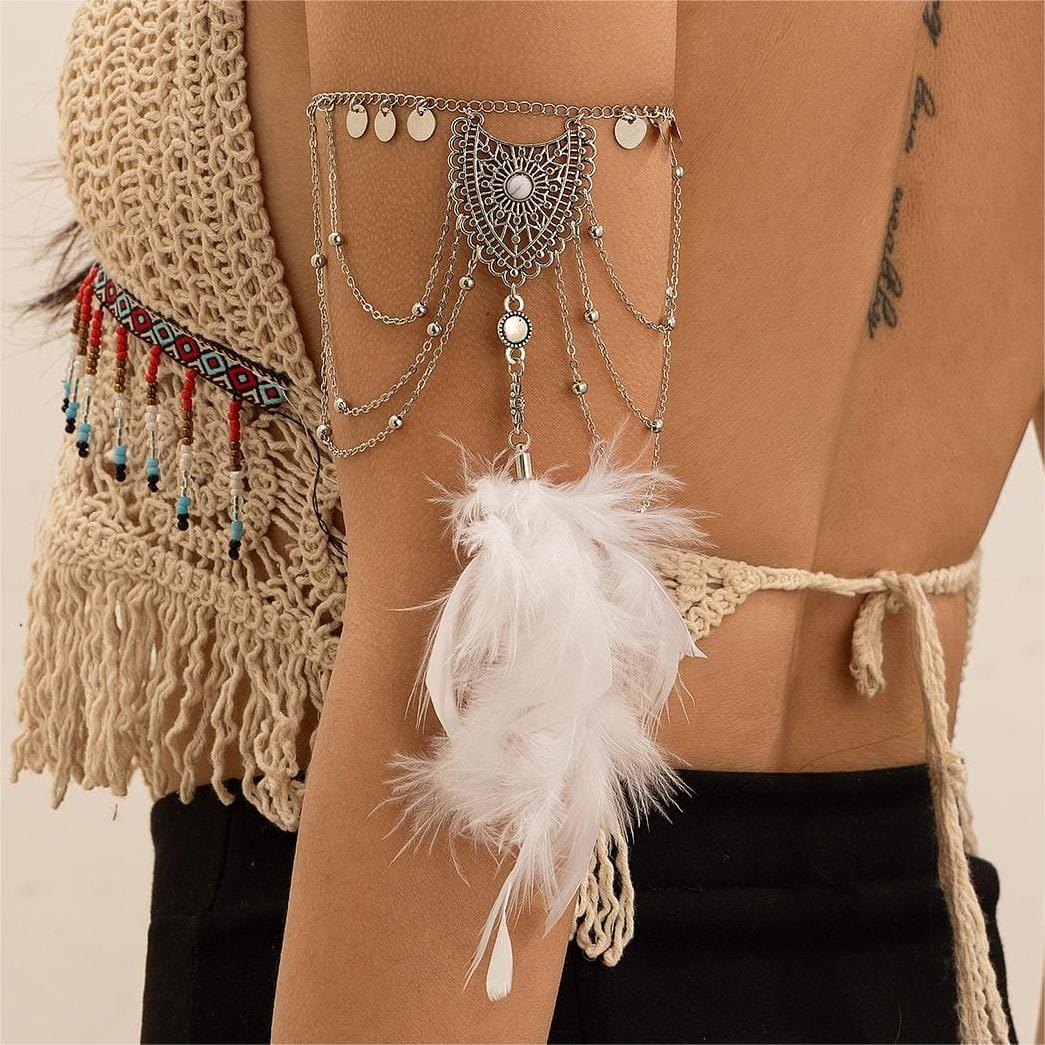 Boho Layered Sequin Tassel Carved Pattern Feather Pendant Arm Chain