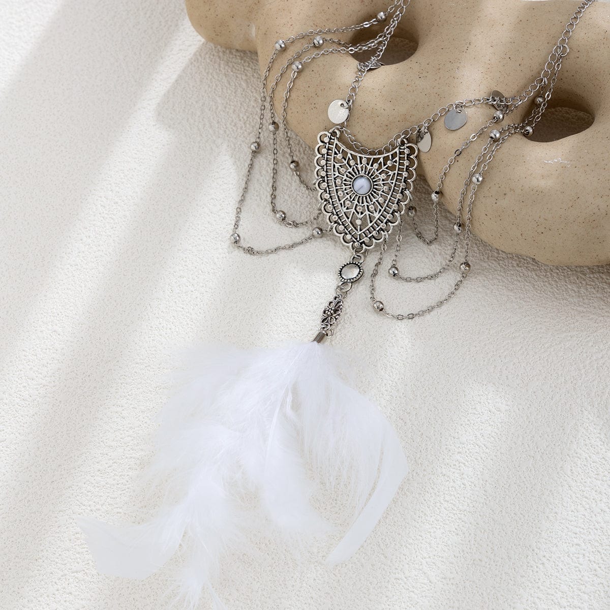 Boho Layered Sequin Tassel Carved Pattern Feather Pendant Arm Chain