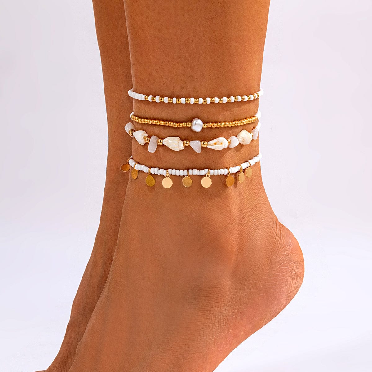 Boho Layered Sequin Tassel Conch Turquoise Chain Seed Beaded Anklet Set