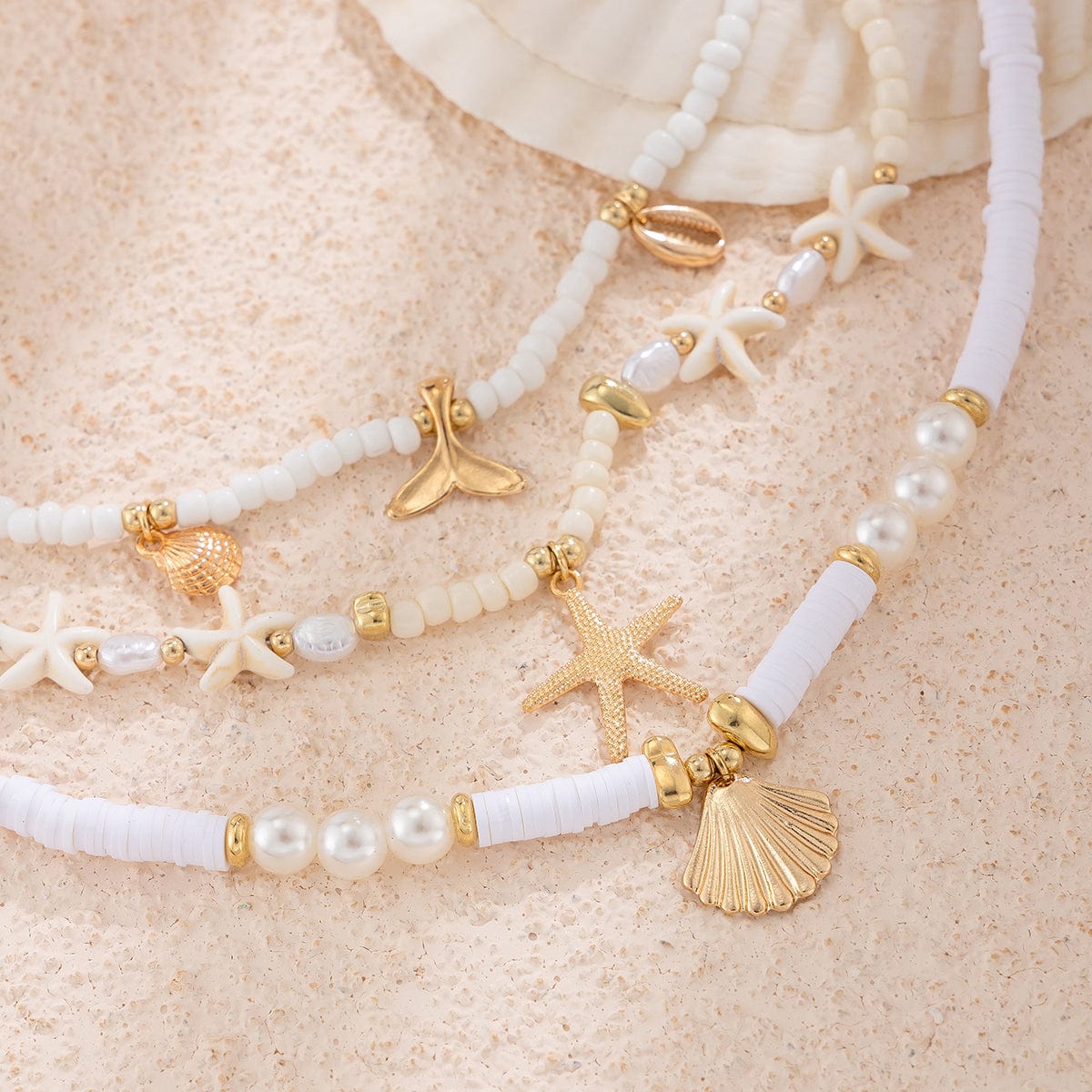 Boho Layered Shell Starfish Mermaid Pendant Pearl Seed Bead Necklace Set - ArtGalleryZen