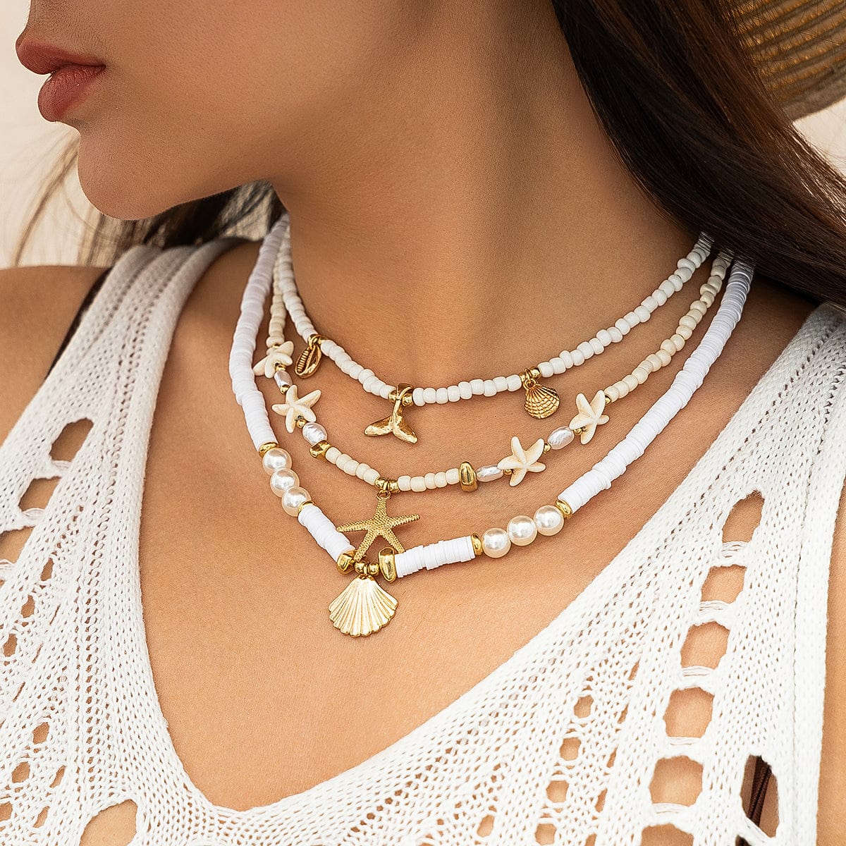 Boho Layered Shell Starfish Mermaid Pendant Pearl Seed Bead Necklace Set - ArtGalleryZen