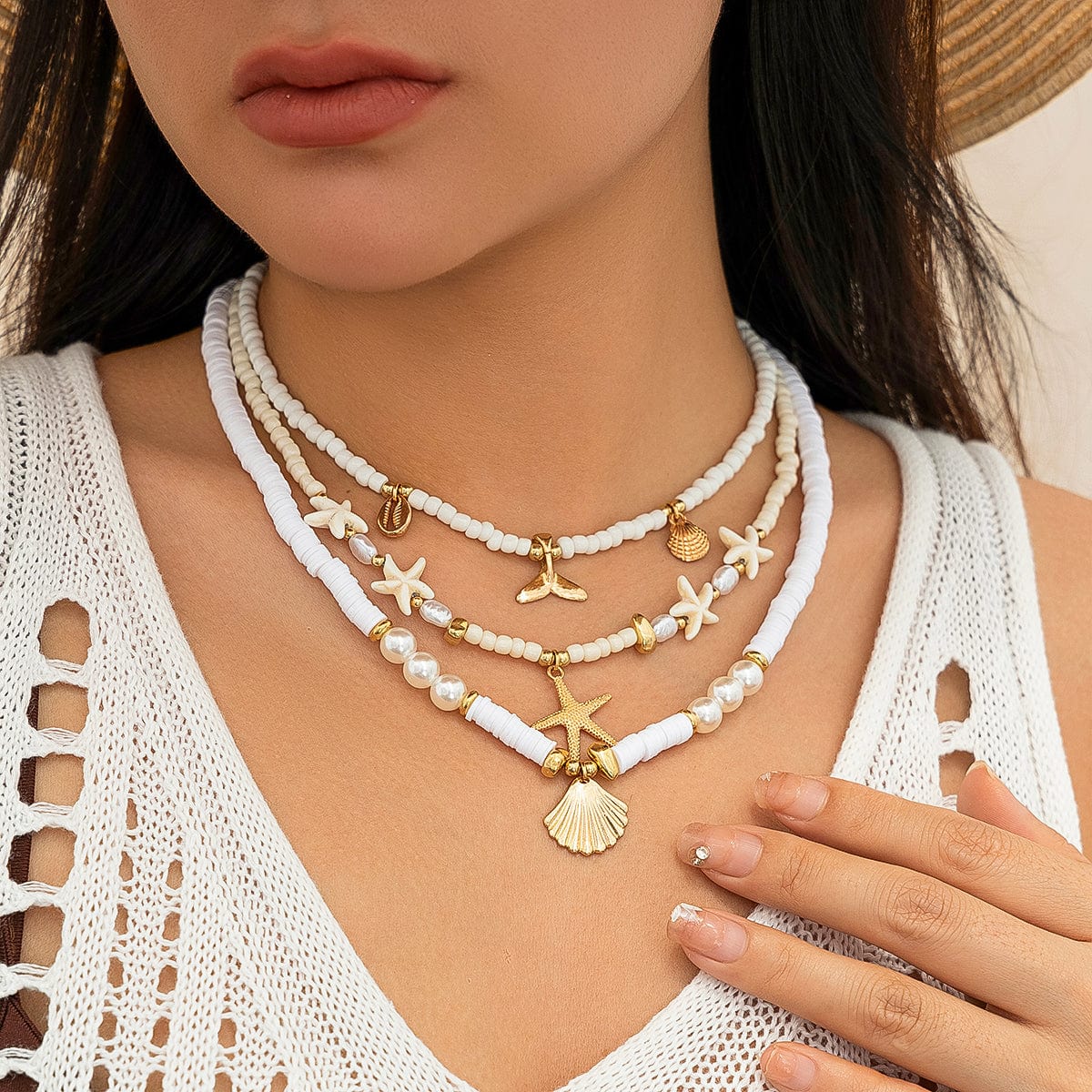 Boho Layered Shell Starfish Mermaid Pendant Pearl Seed Bead Necklace Set - ArtGalleryZen