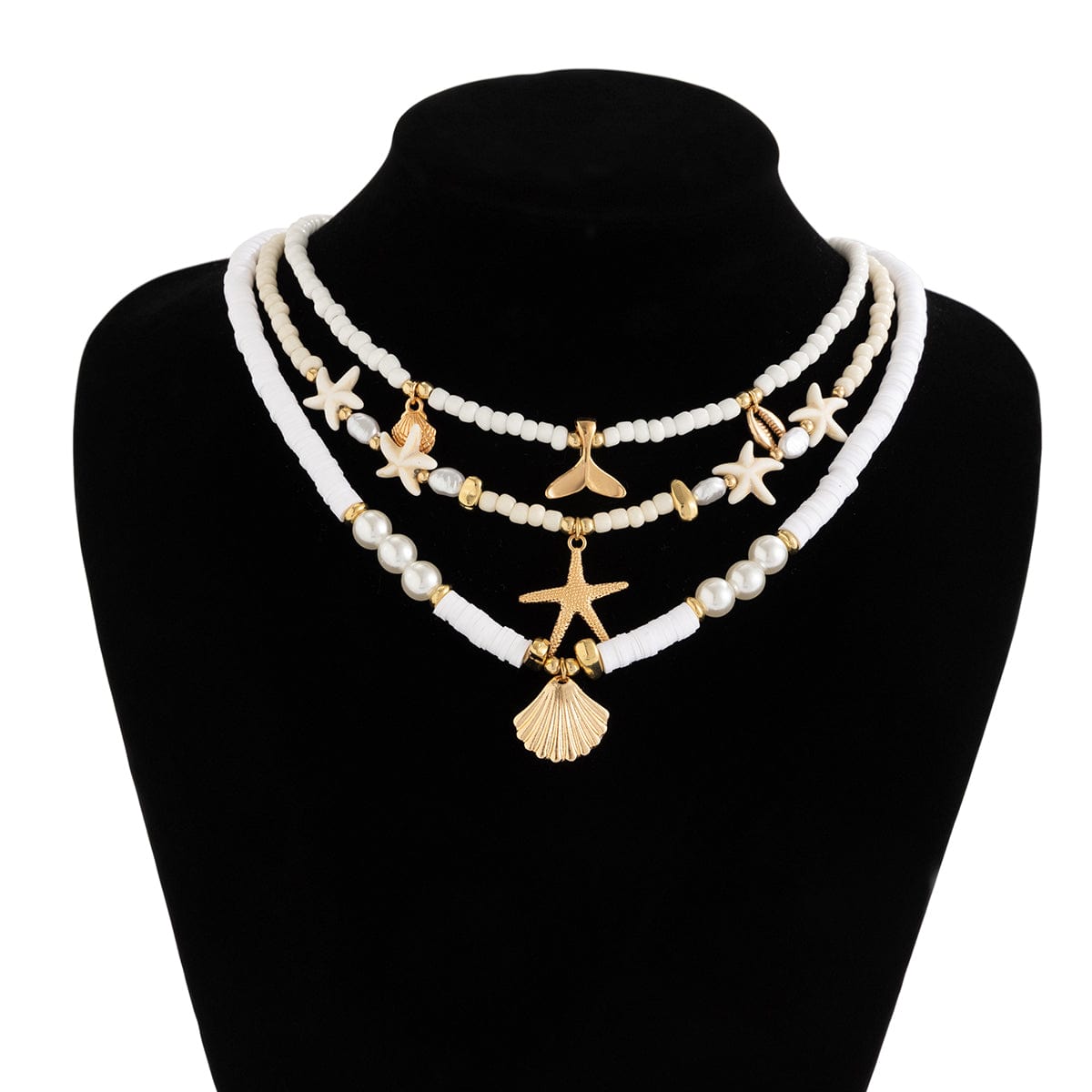 Boho Layered Shell Starfish Mermaid Pendant Pearl Seed Bead Necklace Set - ArtGalleryZen