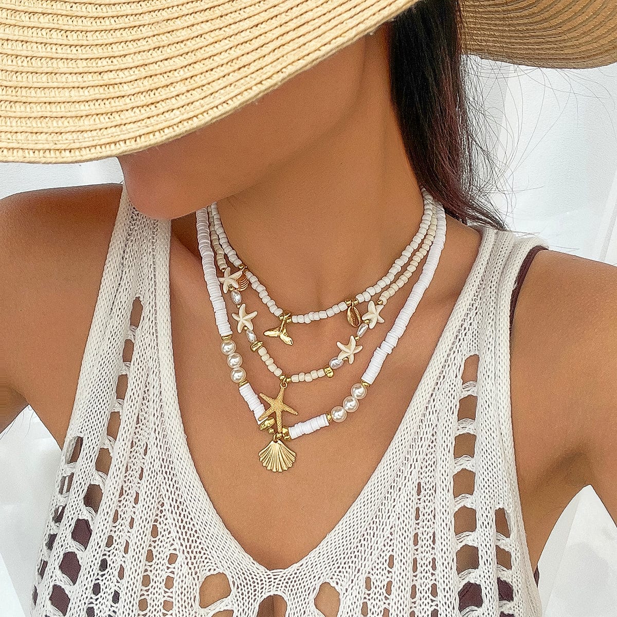 Boho Layered Shell Starfish Mermaid Pendant Pearl Seed Bead Necklace Set - ArtGalleryZen