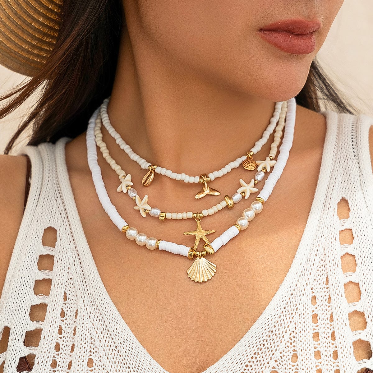Boho Layered Shell Starfish Mermaid Pendant Pearl Seed Bead Necklace Set - ArtGalleryZen