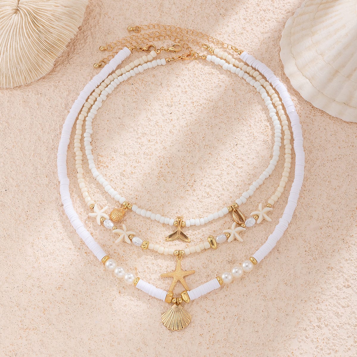 Boho Layered Shell Starfish Mermaid Pendant Pearl Seed Bead Necklace Set - ArtGalleryZen