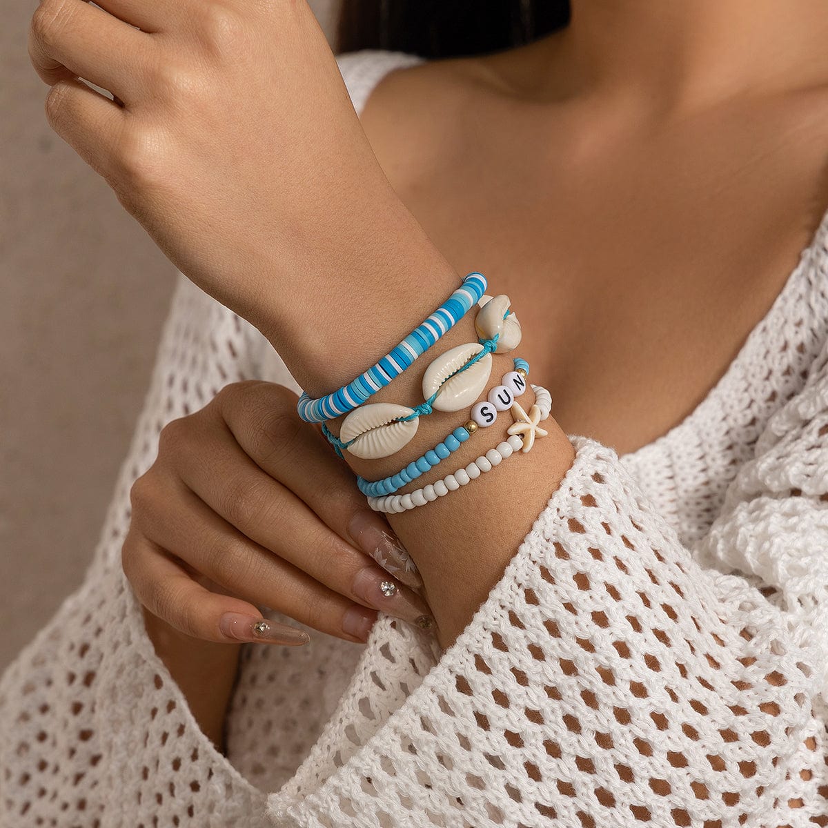 Boho Layered Shell Starfish Polymer Clay Letter Beaded Bracelet Set - ArtGalleryZen