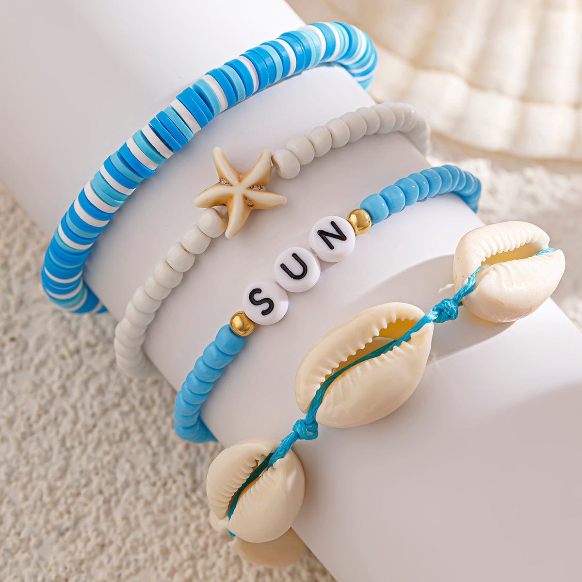 Boho Layered Shell Starfish Polymer Clay Letter Beaded Bracelet Set - ArtGalleryZen