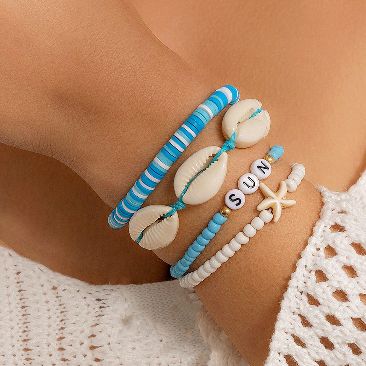 Boho Layered Shell Starfish Polymer Clay Letter Beaded Bracelet Set