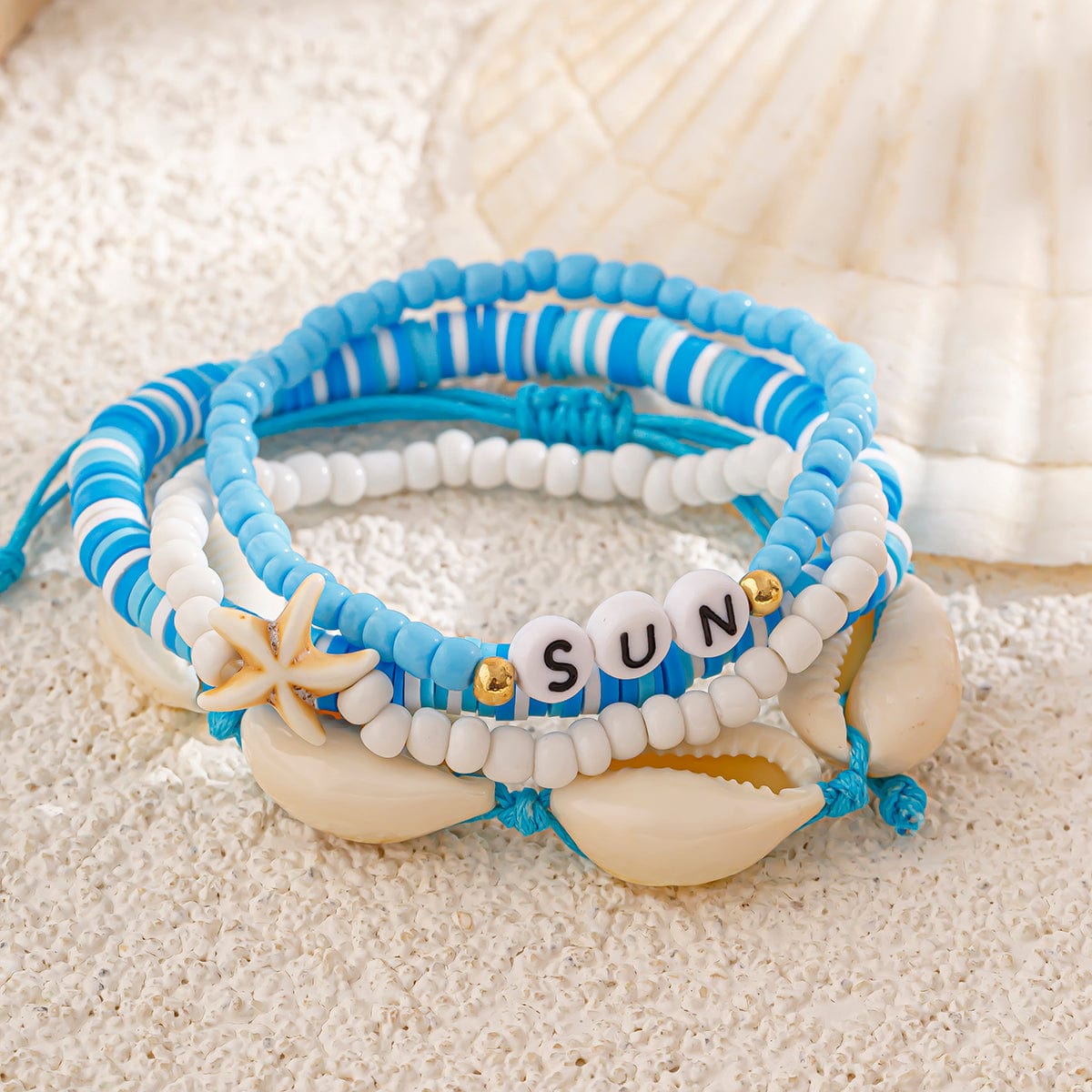 Boho Layered Shell Starfish Polymer Clay Letter Beaded Bracelet Set