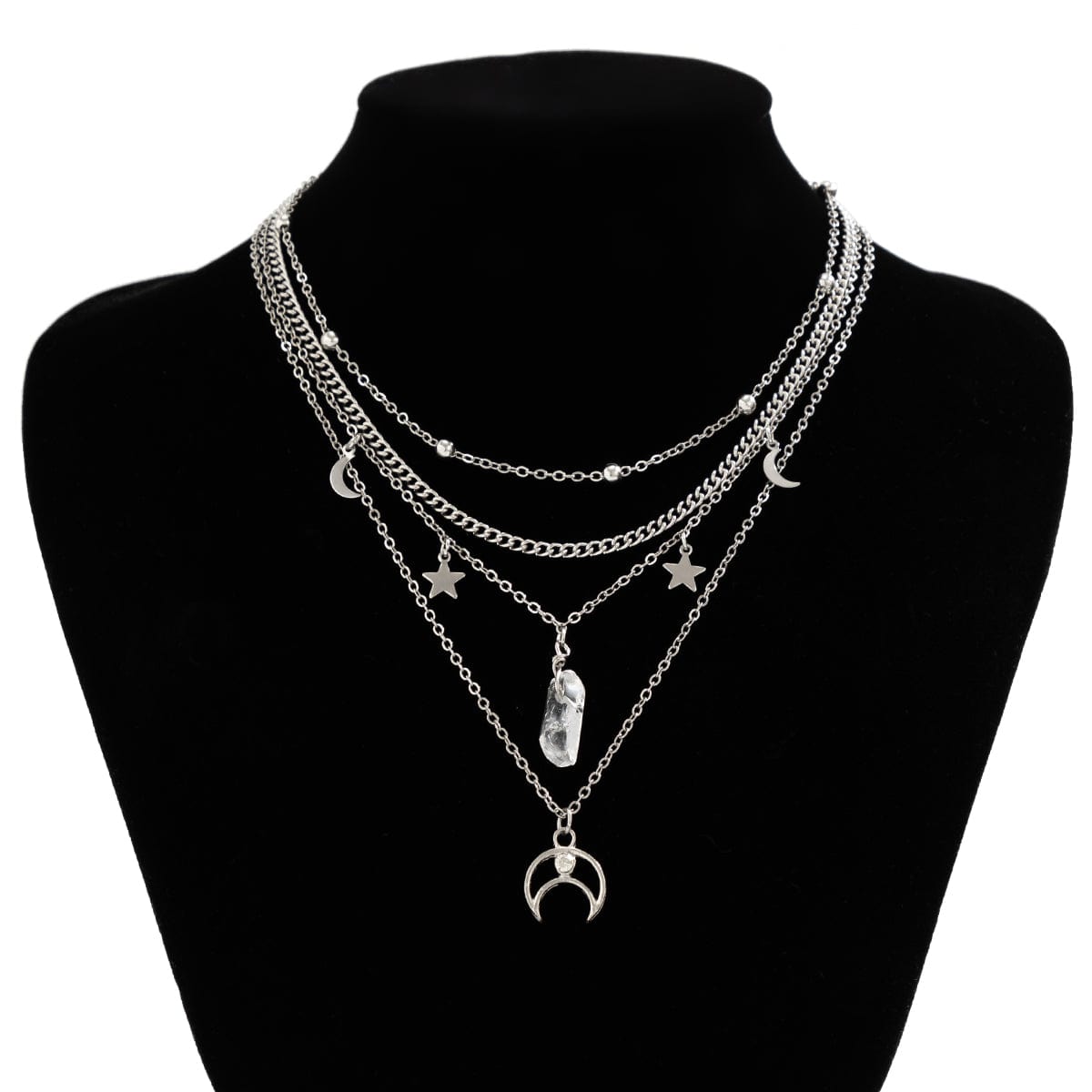 Boho Layered Star Moon Crystal Pendant Cable Chain Necklace Set - ArtGalleryZen