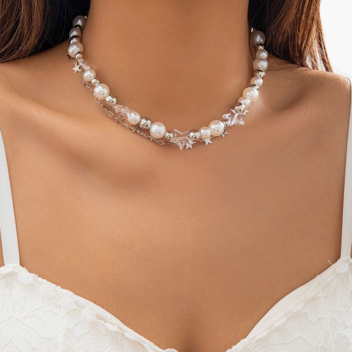 Boho Layered Star Pearl Chain Choker Necklace - ArtGalleryZen