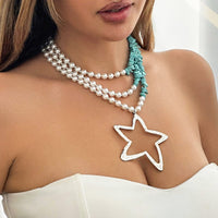 Thumbnail for Boho Layered Star Pendant Turquoise Pearl Chain Necklace - ArtGalleryZen