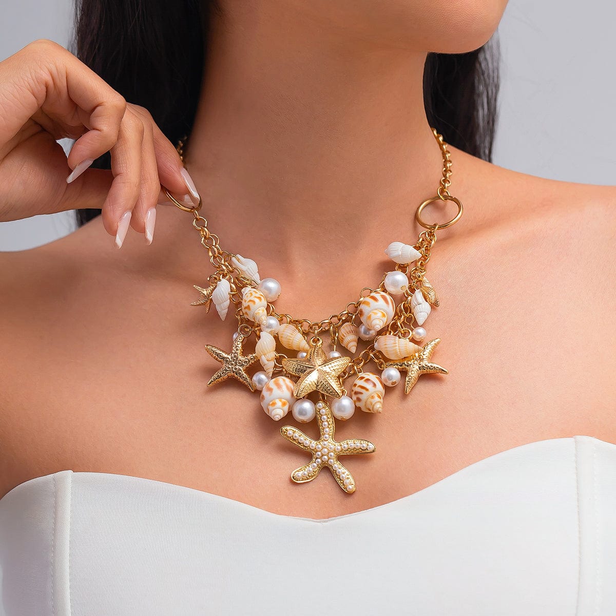Boho Layered Starfish Pearl Natural Conch Charm Necklace Bracelet - ArtGalleryZen