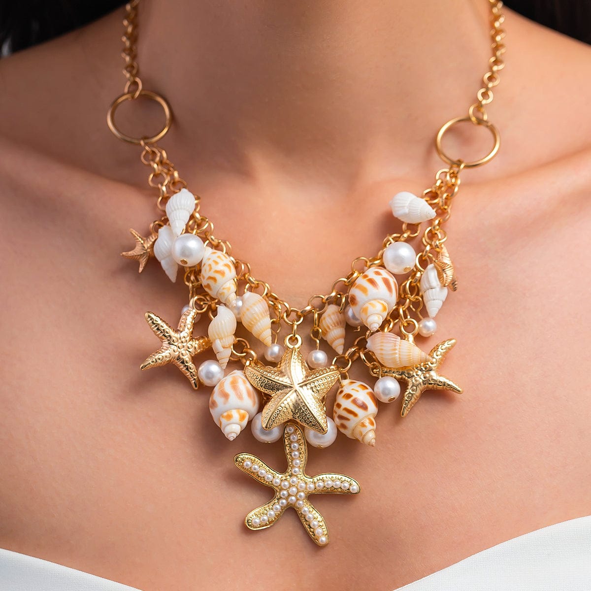 Boho Layered Starfish Pearl Natural Conch Charm Necklace Bracelet - ArtGalleryZen