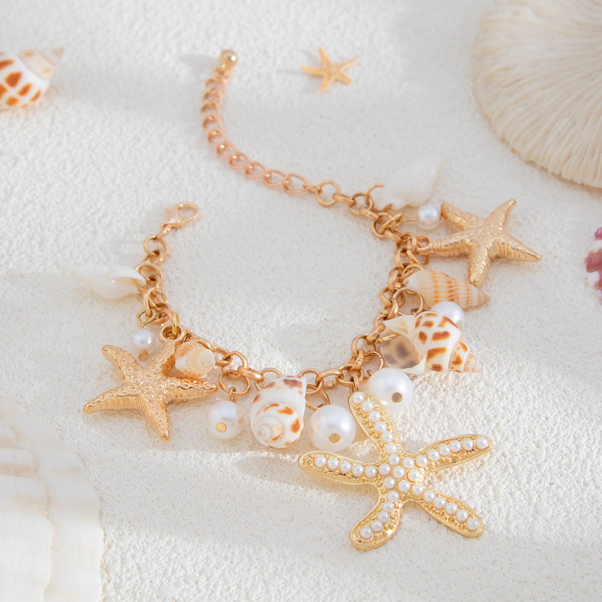 Boho Layered Starfish Pearl Natural Conch Charm Necklace Bracelet - ArtGalleryZen