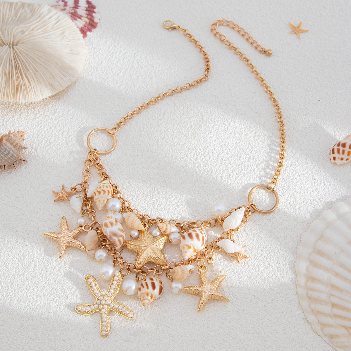 Boho Layered Starfish Pearl Natural Conch Charm Necklace Bracelet - ArtGalleryZen