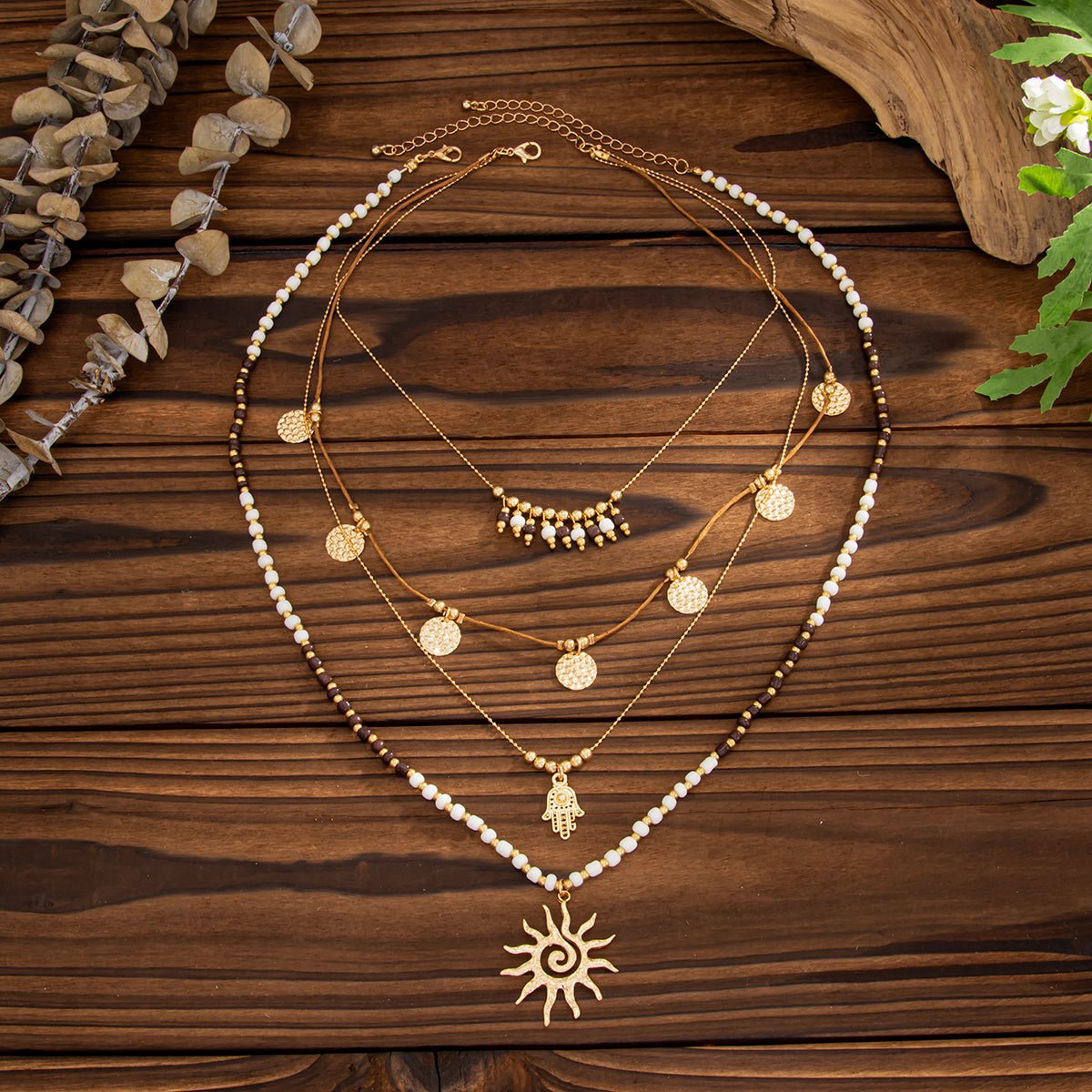 Boho Layered Sun Hamsa Textured Round Disk Pendant Seed Beaded Necklace Set - ArtGalleryZen