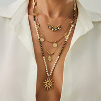 Thumbnail for Boho Layered Sun Hamsa Textured Round Disk Pendant Seed Beaded Necklace Set - ArtGalleryZen