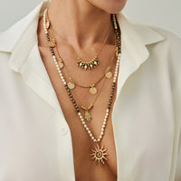 Thumbnail for Boho Layered Sun Hamsa Textured Round Disk Pendant Seed Beaded Necklace Set - ArtGalleryZen