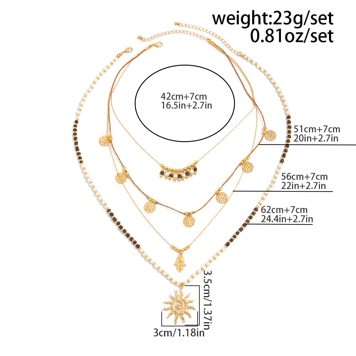 Boho Layered Sun Hamsa Textured Round Disk Pendant Seed Beaded Necklace Set - ArtGalleryZen