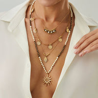 Thumbnail for Boho Layered Sun Hamsa Textured Round Disk Pendant Seed Beaded Necklace Set - ArtGalleryZen