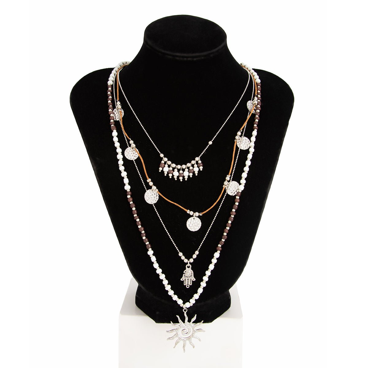 Boho Layered Sun Hamsa Textured Round Disk Pendant Seed Beaded Necklace Set - ArtGalleryZen