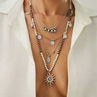 Thumbnail for Boho Layered Sun Hamsa Textured Round Disk Pendant Seed Beaded Necklace Set - ArtGalleryZen