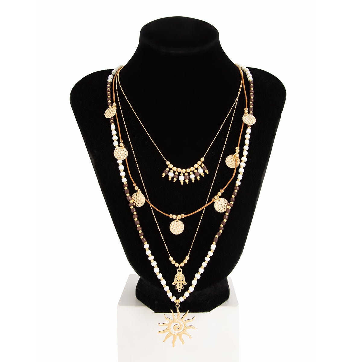 Boho Layered Sun Hamsa Textured Round Disk Pendant Seed Beaded Necklace Set - ArtGalleryZen