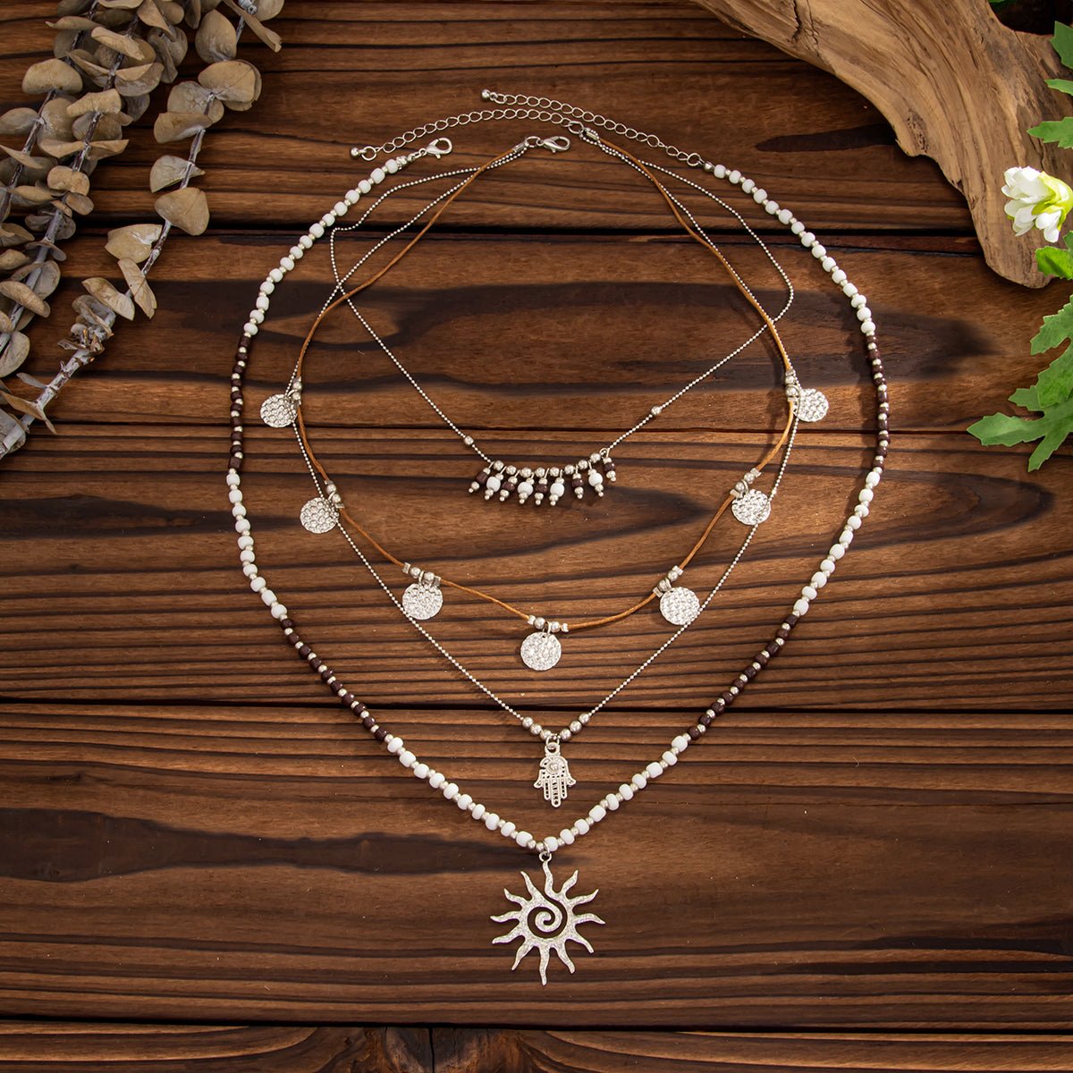 Boho Layered Sun Hamsa Textured Round Disk Pendant Seed Beaded Necklace Set - ArtGalleryZen